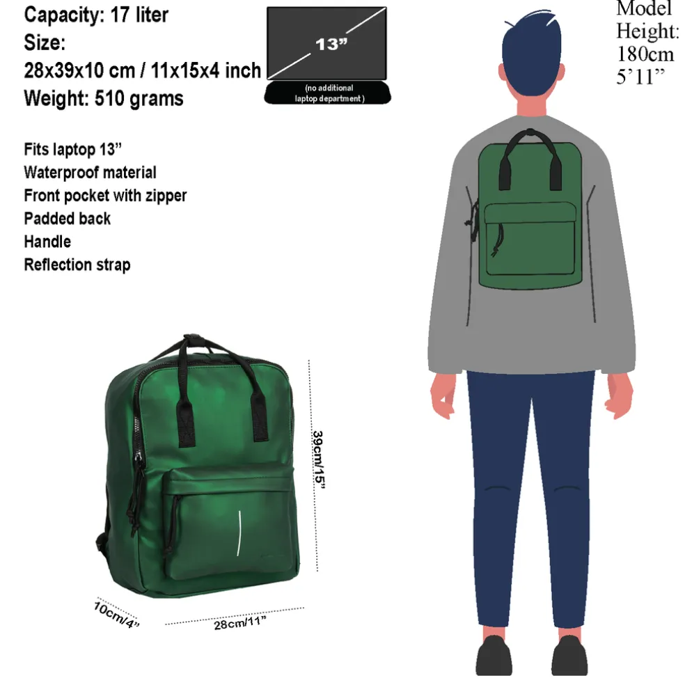 New Rebels Mart Chicago Metallic Grün 17L Rucksack Wasserabweisend Laptop 13"