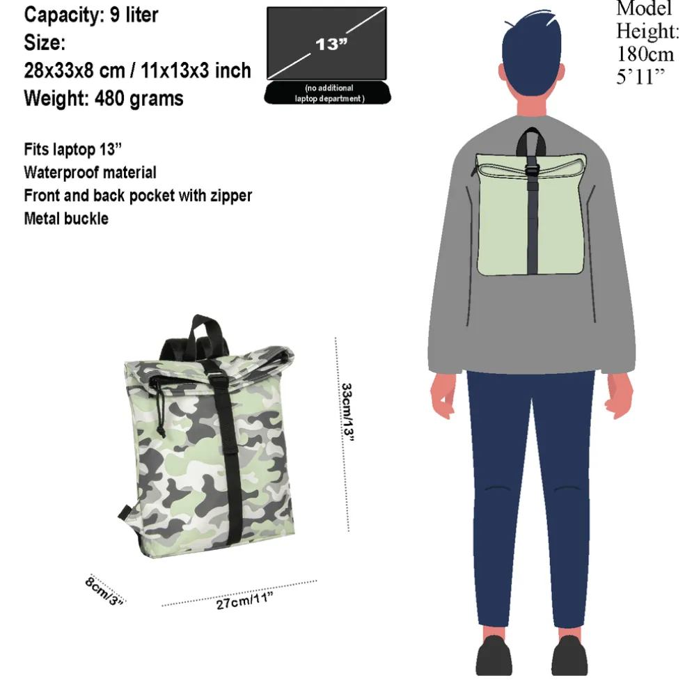 New Rebels Mart Los Angeles Camouflage Mint 7L Rolltop Rucksack Wasserabweisend