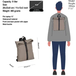 New Rebels Mart Los Angeles Taupe 7L Rolltop Rucksack Wasserabweisend