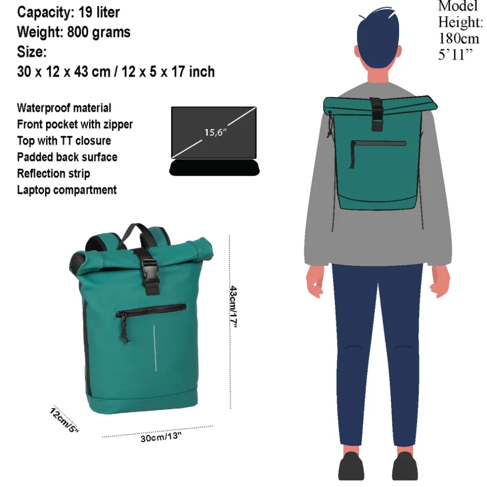 New Rebels Mart New York Petrol 21L Rucksack Rolltop Wasserabweisend Laptop 15.6"