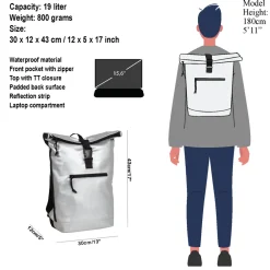 New Rebels Mart New York Metallic Silber 21L Rucksack Rolltop Wasserabweisend Laptop 15.6
