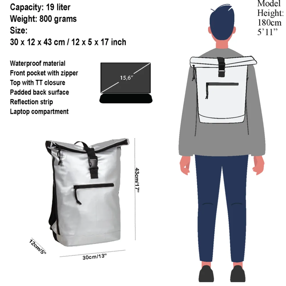 New Rebels Mart New York Metallic Silber 21L Rucksack Rolltop Wasserabweisend Laptop 15.6"