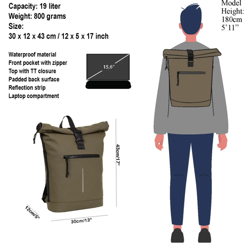 New Rebels Mart New York Olive Grün 21L Rucksack Rolltop Wasserabweisend Laptop 15.6"