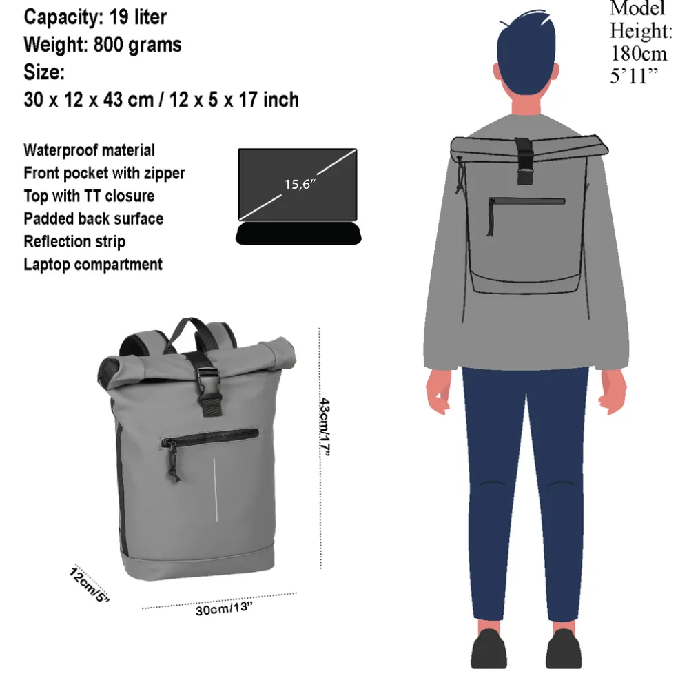 New Rebels Mart New York Anthrazit 21L Rucksack Rolltop Wasserabweisend Laptop 15.6"