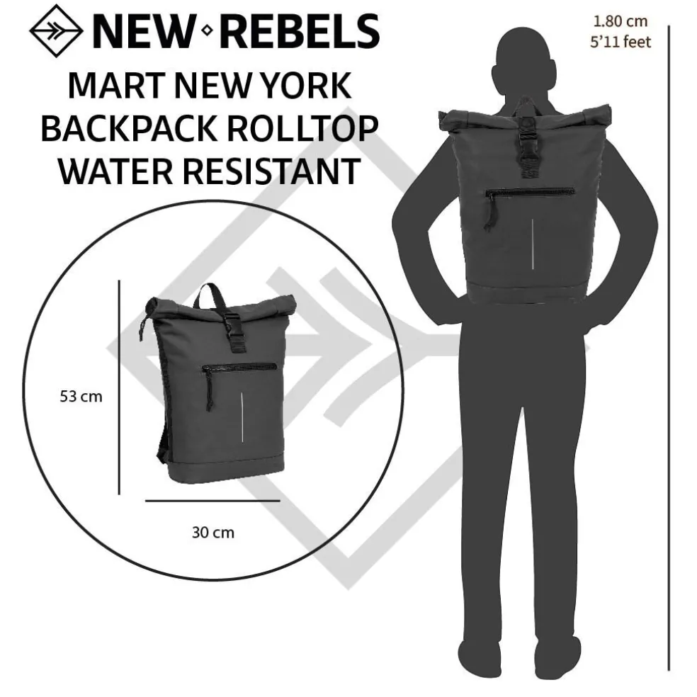 New Rebels Mart New York Schwarz 21L Rucksack Rolltop Wasserabweisend Laptop 15.6"