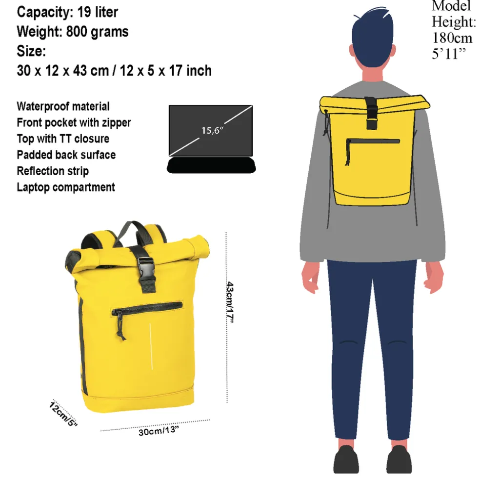 New Rebels Mart New York Gelb 21L Rucksack Rolltop Wasserabweisend Laptop 15.6"