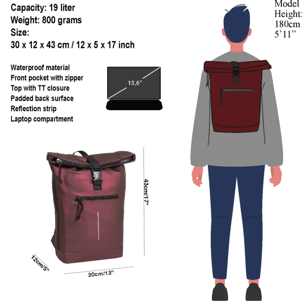 New Rebels Mart New York Metallic Burgundy 21L Rucksack Rolltop Wasserabweisend Laptop 15.6"