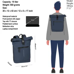 New Rebels Mart New York Marineblau 21L Rucksack Rolltop Wasserabweisend Laptop 15.6