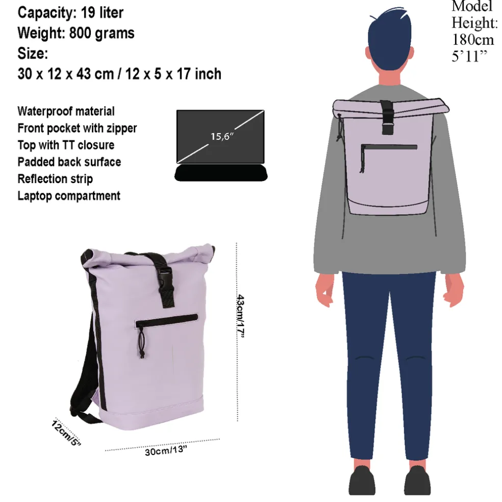 New Rebels Mart New York Lila 21L Rucksack Rolltop Wasserabweisend Laptop 15.6"