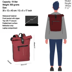 New Rebels Mart New York Burgundy 21L Rucksack Rolltop Wasserabweisend Laptop 15.6