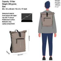 New Rebels Mart New York Taupe 21L Rucksack Rolltop Wasserabweisend Laptop 15.6