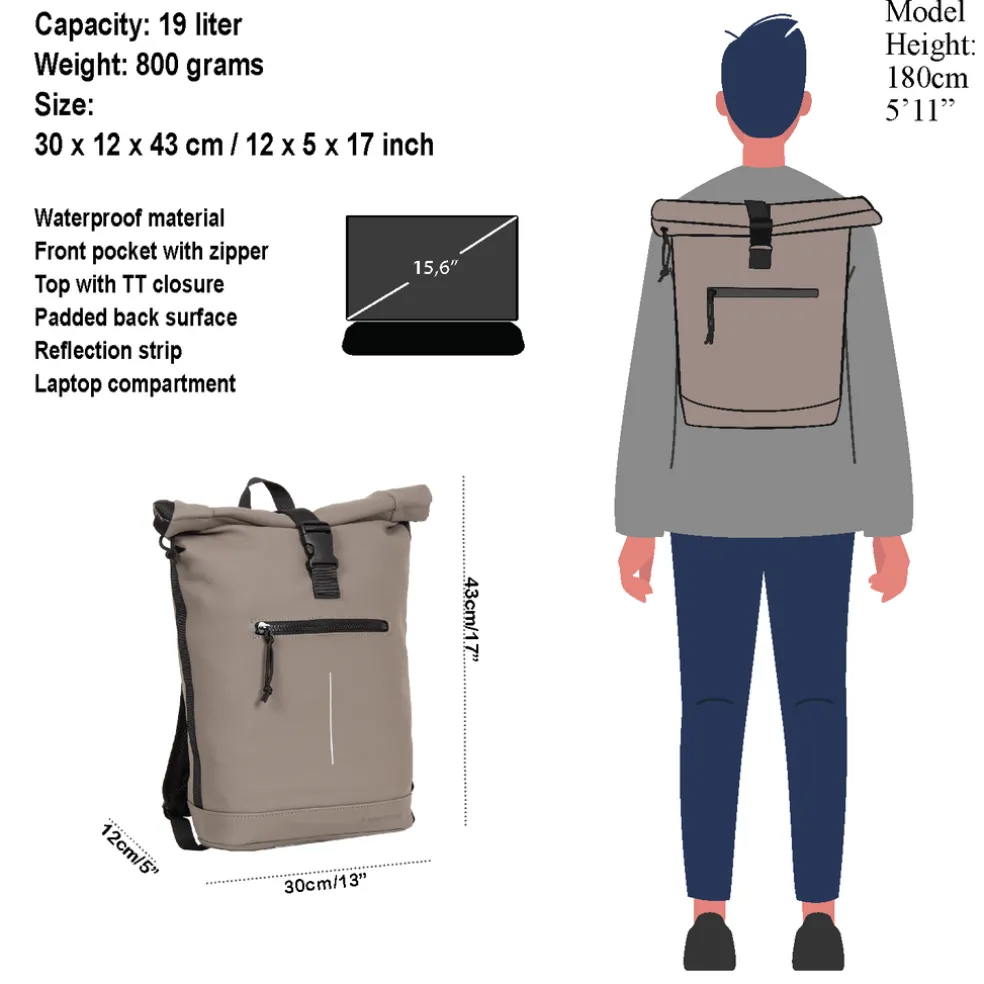New Rebels Mart New York Taupe 21L Rucksack Rolltop Wasserabweisend Laptop 15.6"