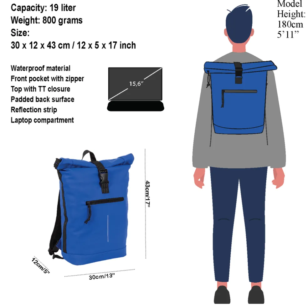 New Rebels Mart New York Kobaltblau 21L Rucksack Rolltop Wasserabweisend Laptop 15.6"
