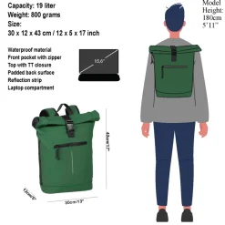 New Rebels Mart New York Dunkelgrün 21L Rucksack Rolltop Wasserabweisend Laptop 15.6