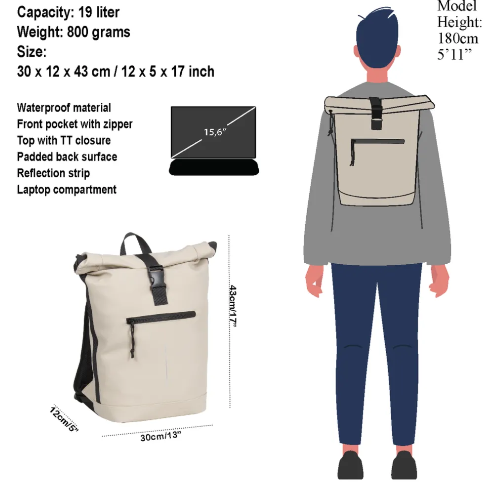 New Rebels Mart New York Beige 21L Rucksack Rolltop Wasserabweisend Laptop 15.6"