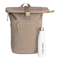 New Rebels New York Ribbi Rolltop Rucksack 17-21 l Schulranzen & Arbeitstasche Rippstoff-Laptop-Rucksack 15,6 Zoll Taupe