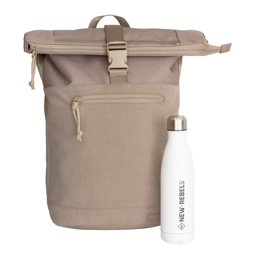New Rebels New York Ribbi Rolltop Rucksack 17-21 l Schulranzen & Arbeitstasche Rippstoff-Laptop-Rucksack 15,6 Zoll Taupe