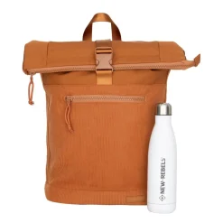 New Rebels New York Ribbi Rolltop Rucksack 17-21 l Schulranzen & Arbeitstasche Rippstoff Laptop-Rucksack 15,6 Zoll, kaffeebraun