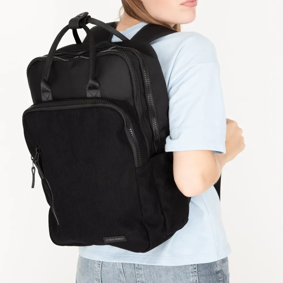 New Rebels Ribbi Milwaukee – Laptoptasche Schulrucksack Arbeitstasche 15,6 Zoll Laptopfach Rippstoff 18L Schwarz