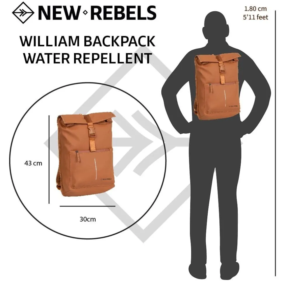 New Rebels William Baltimore Cognac 13L Rolltop Rucksack Wasserabweisend Laptop 14"