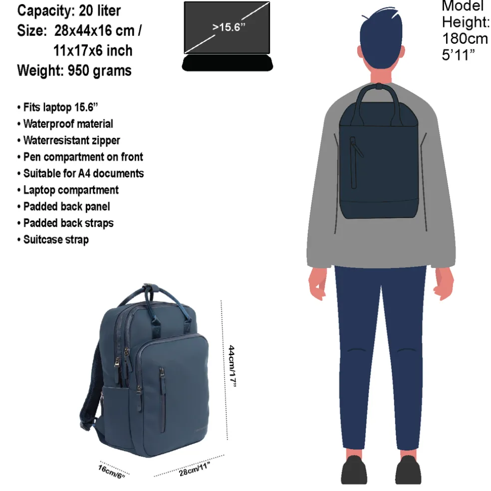 New Rebels William Milwaukee Marineblau 18L Rucksack Wasserabweisend Laptop 15.6"